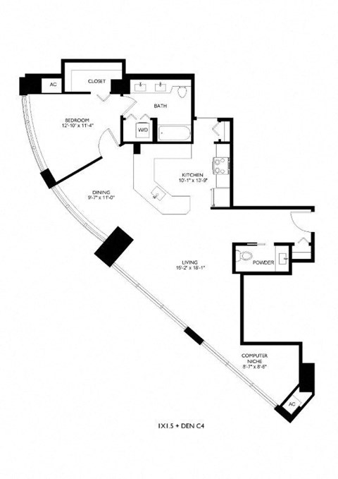 Floor plan for 1 bed, 1.5 baths, 1038 sqft